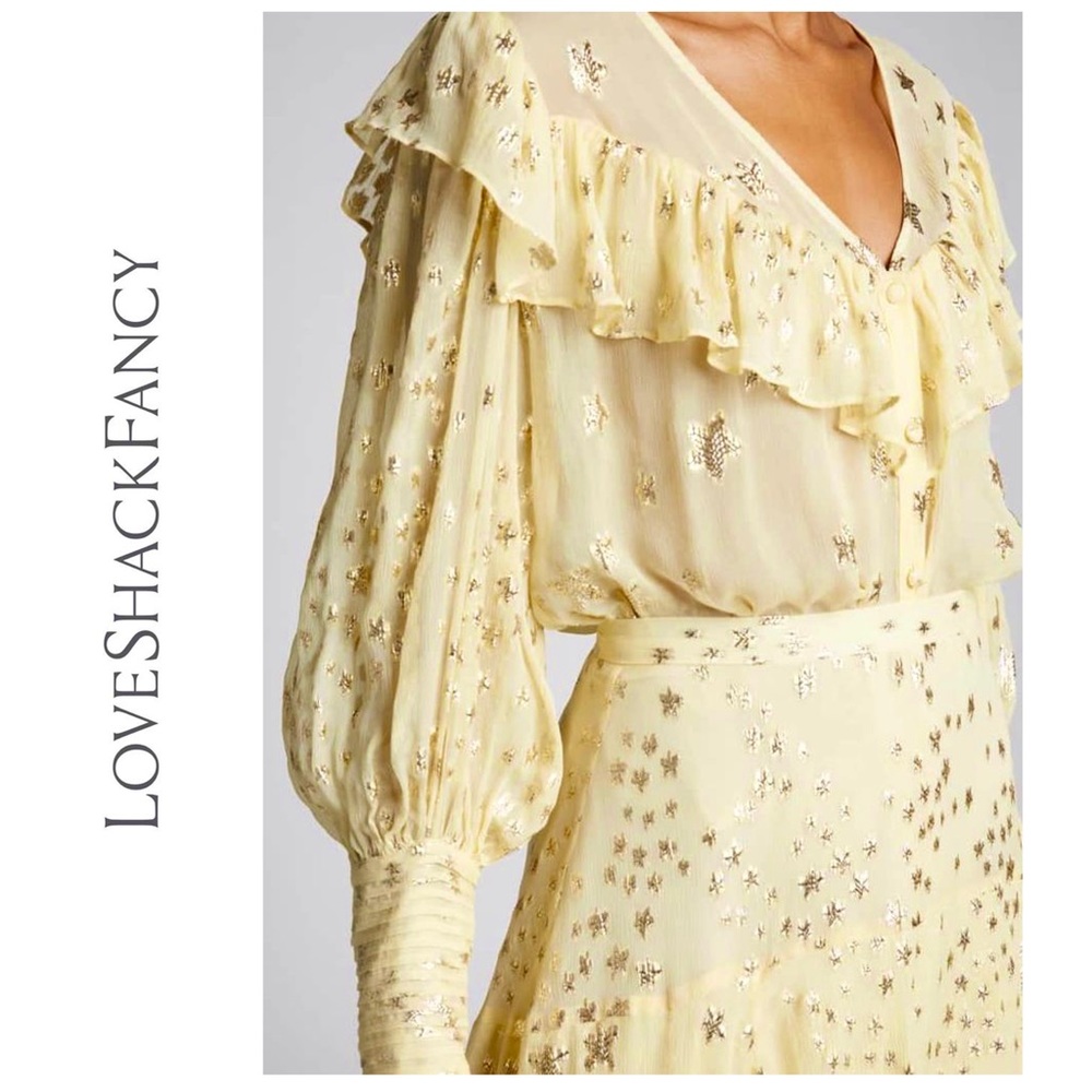 NWT LoveShackFancy Harleigh Metallic Silk Top Sunflower Yellow Romantic Regency